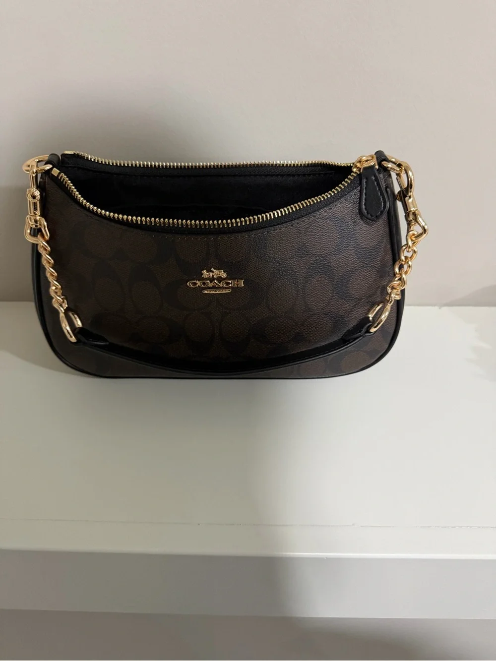 Coach Brown/Black Signature Chain-Trim Shoulder Bag